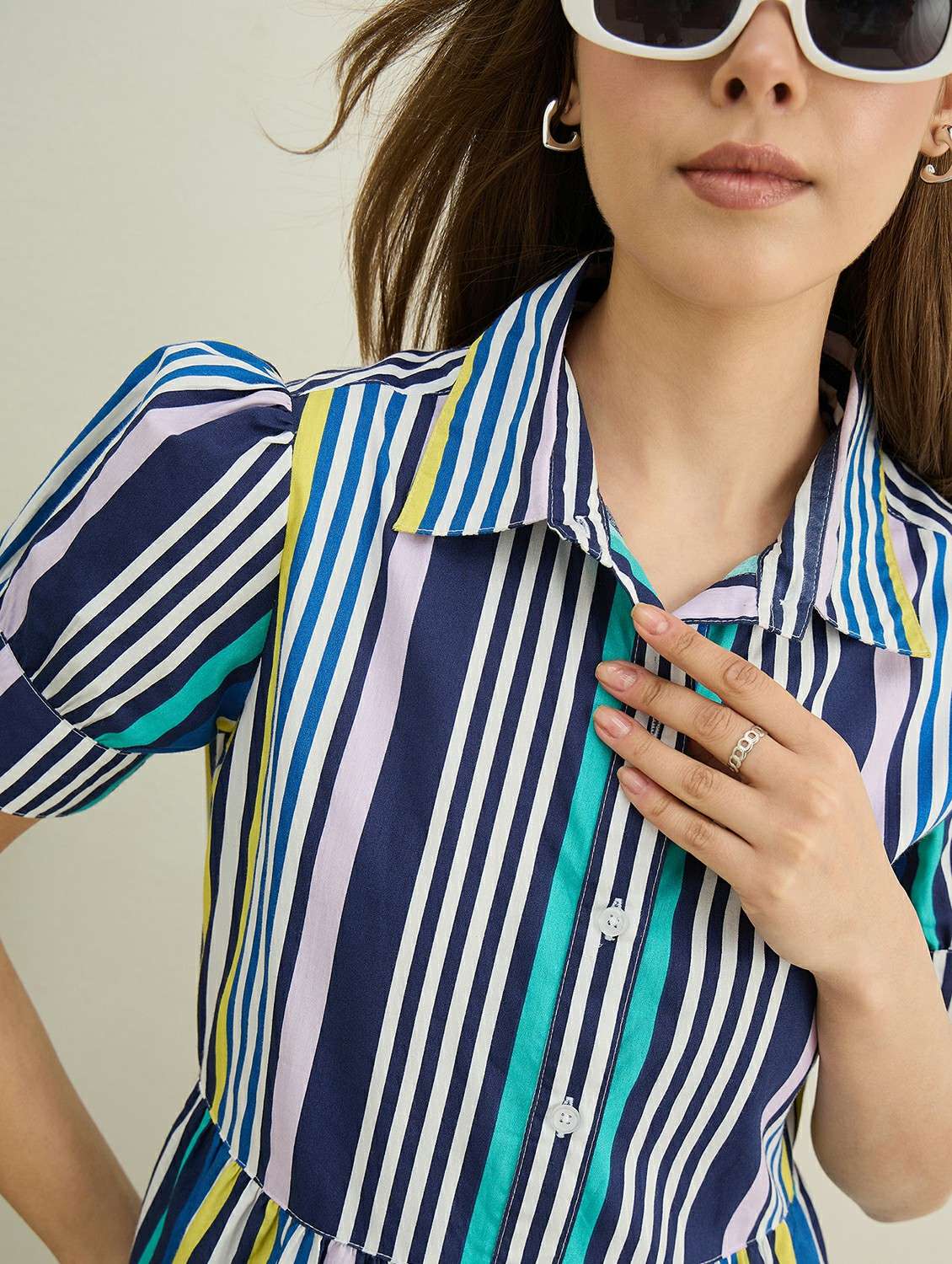 women striped collared puff sleeve tiered dress - 22401939 -  Standard Image - 1