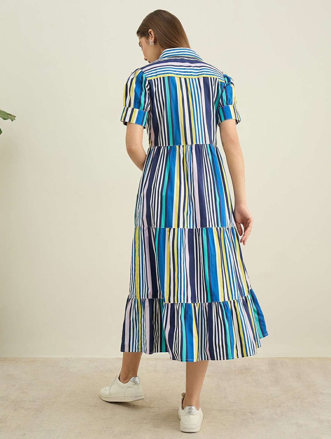 women striped collared puff sleeve tiered dress - 22401939 -  Standard Image - 4