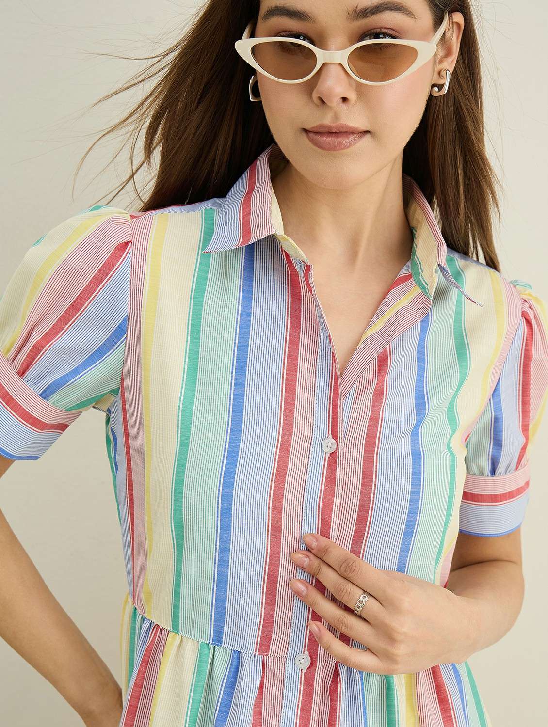 women striped collared puff sleeve tiered dress - 22401940 -  Standard Image - 1