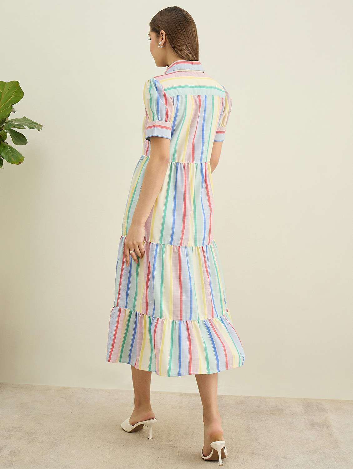 women striped collared puff sleeve tiered dress - 22401940 -  Standard Image - 4