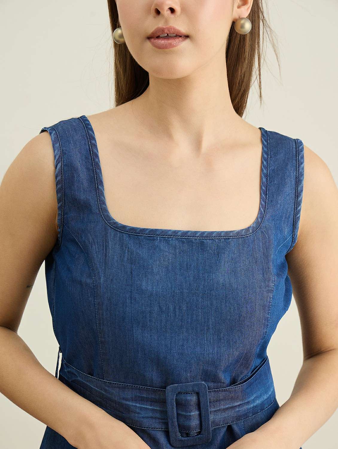 women solid sleeveless denim a-line dress - 22401941 -  Standard Image - 1