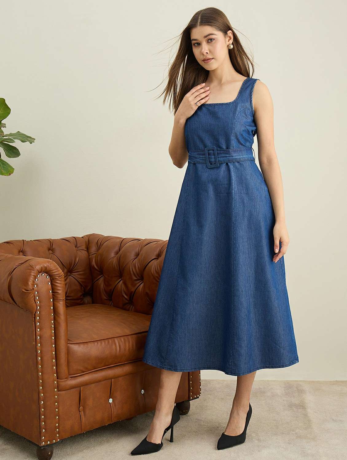 women solid sleeveless denim a-line dress - 22401941 -  Standard Image - 4