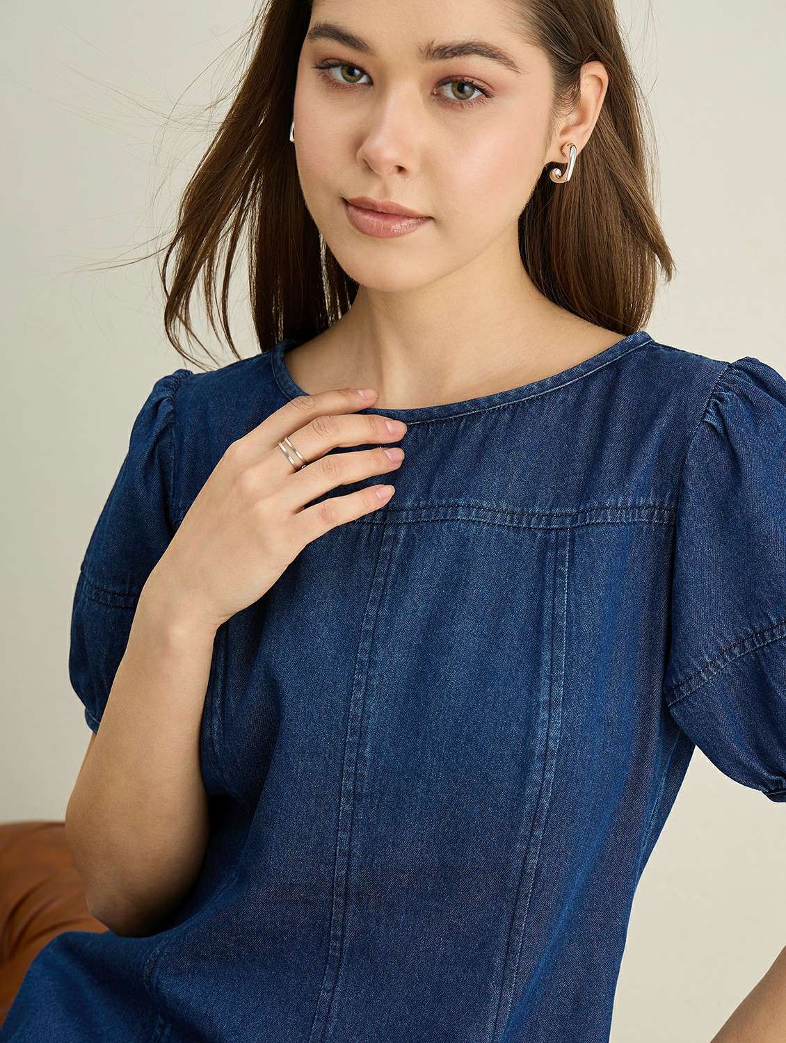 women solid puff sleeve denim fit & flare dress - 22401942 -  Standard Image - 1