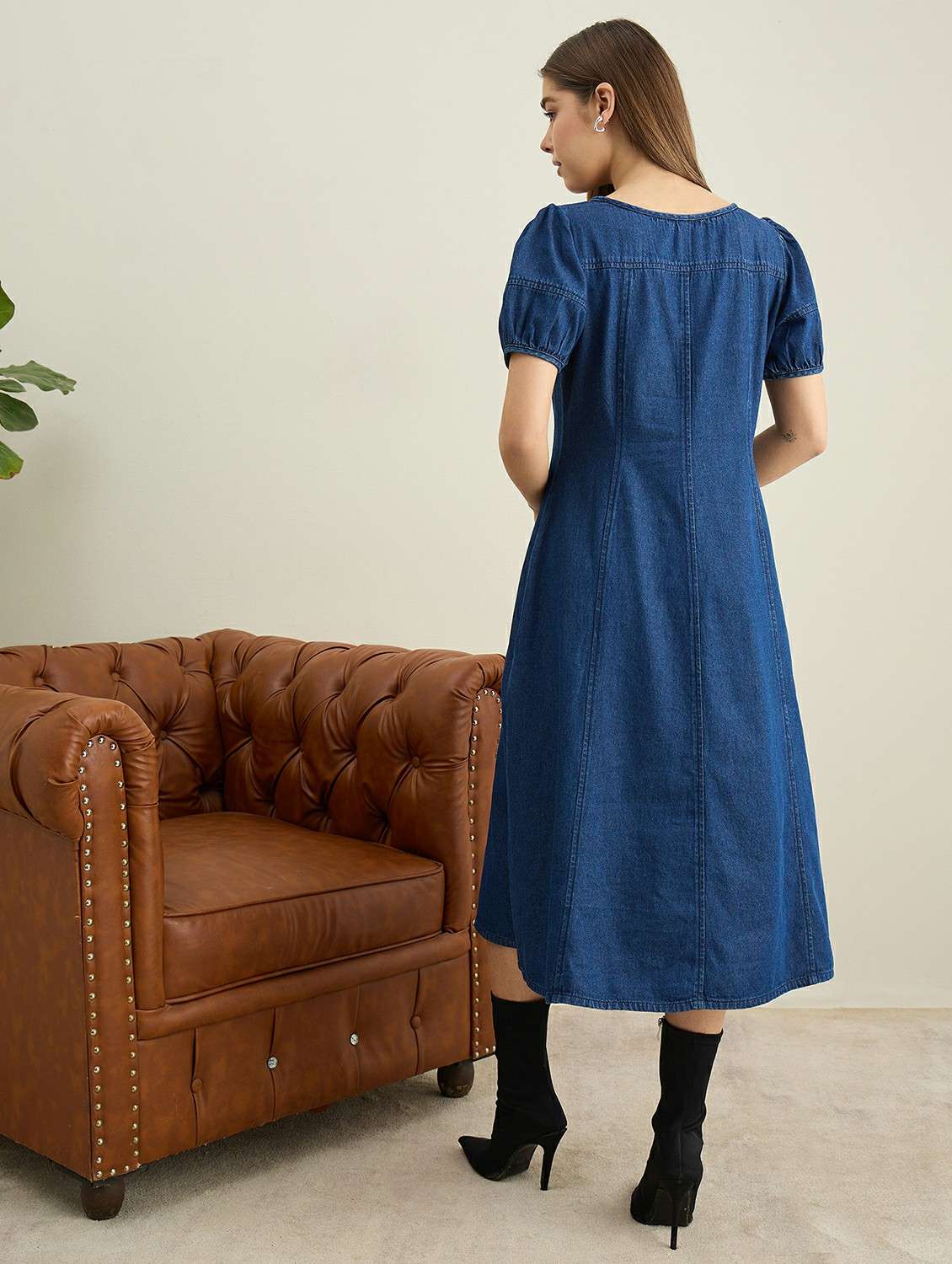 women solid puff sleeve denim fit & flare dress - 22401942 -  Standard Image - 4