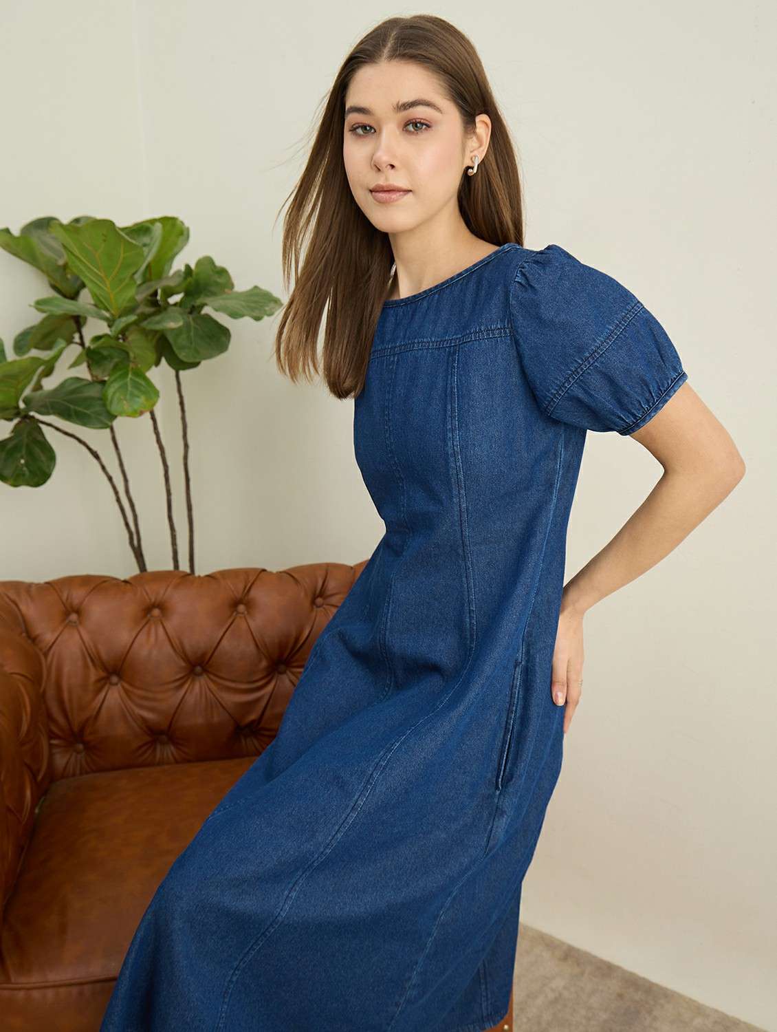 women solid puff sleeve denim fit & flare dress - 22401942 -  Standard Image - 6