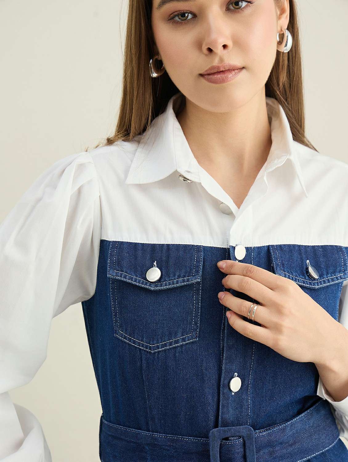 women solid collared puff sleeve denim jumpsuit - 22401944 -  Standard Image - 1