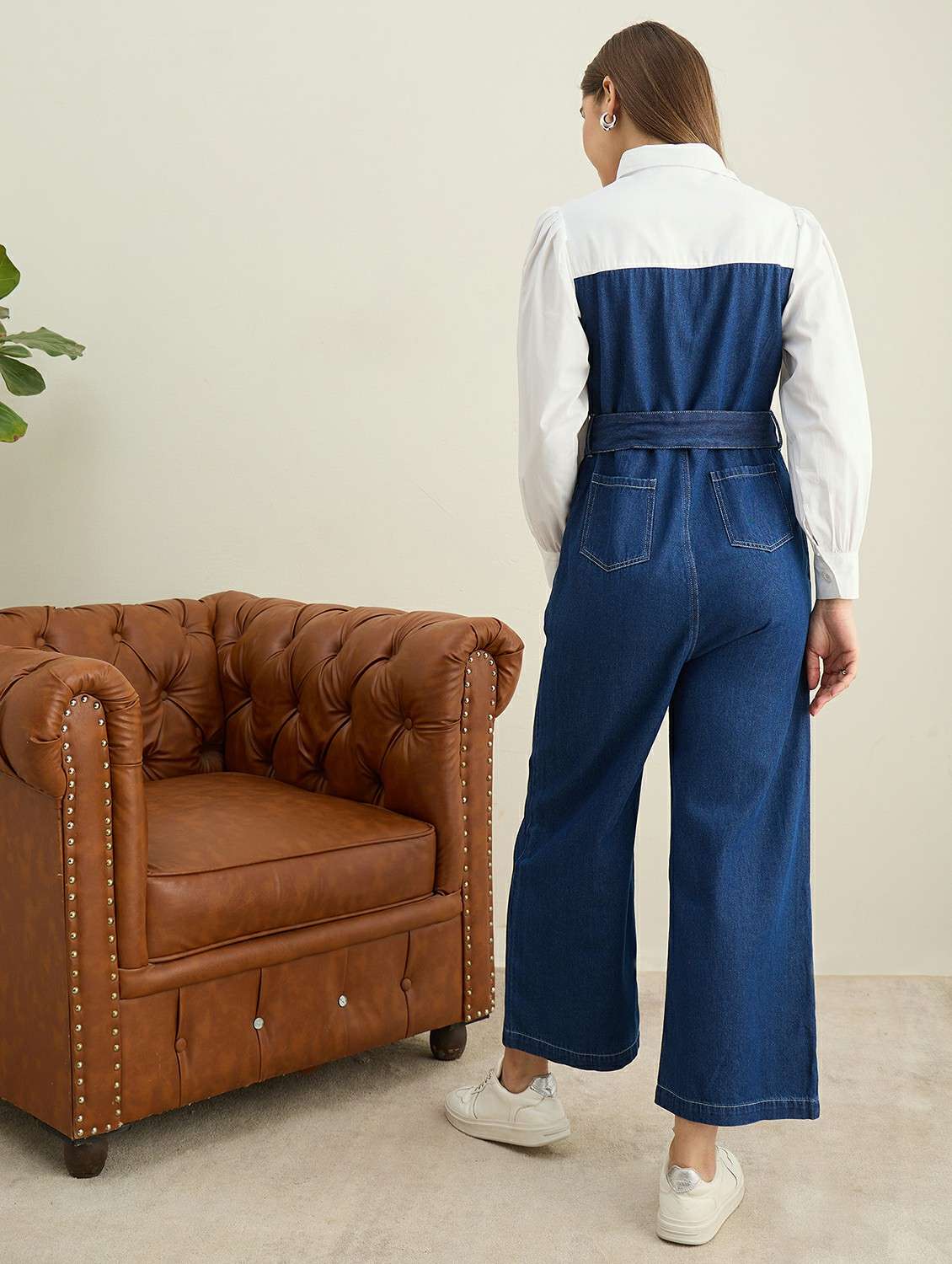 women solid collared puff sleeve denim jumpsuit - 22401944 -  Standard Image - 4