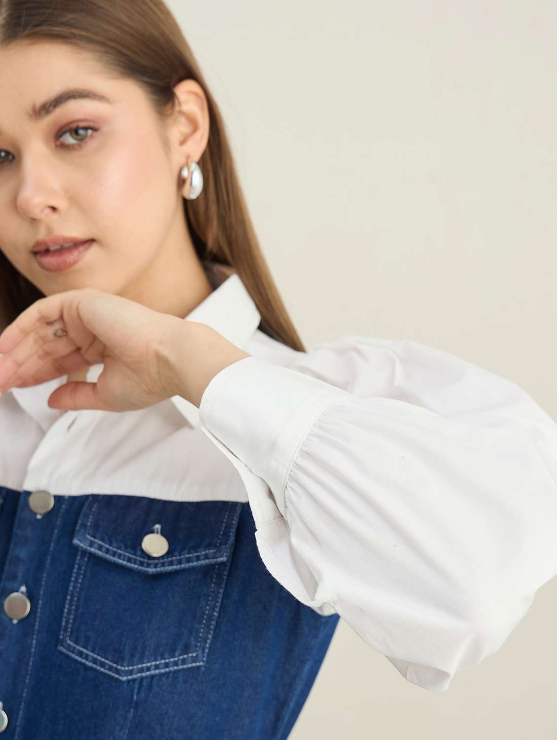 women solid collared puff sleeve denim jumpsuit - 22401944 -  Standard Image - 6