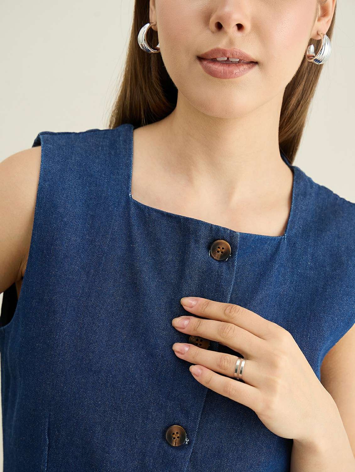 women solid sleeveless denim vest top - 22401956 -  Standard Image - 1