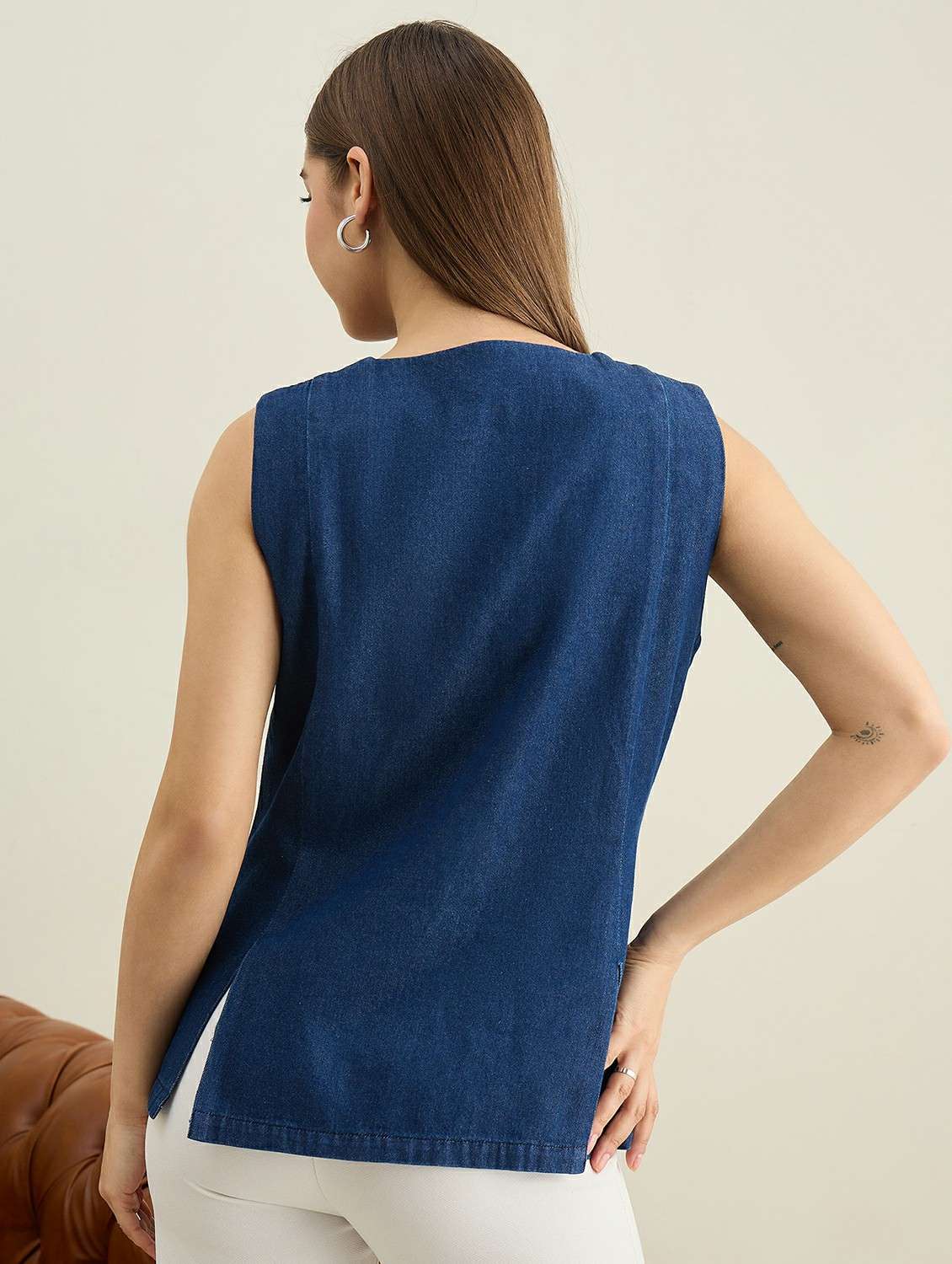 women solid sleeveless denim vest top - 22401956 -  Standard Image - 4
