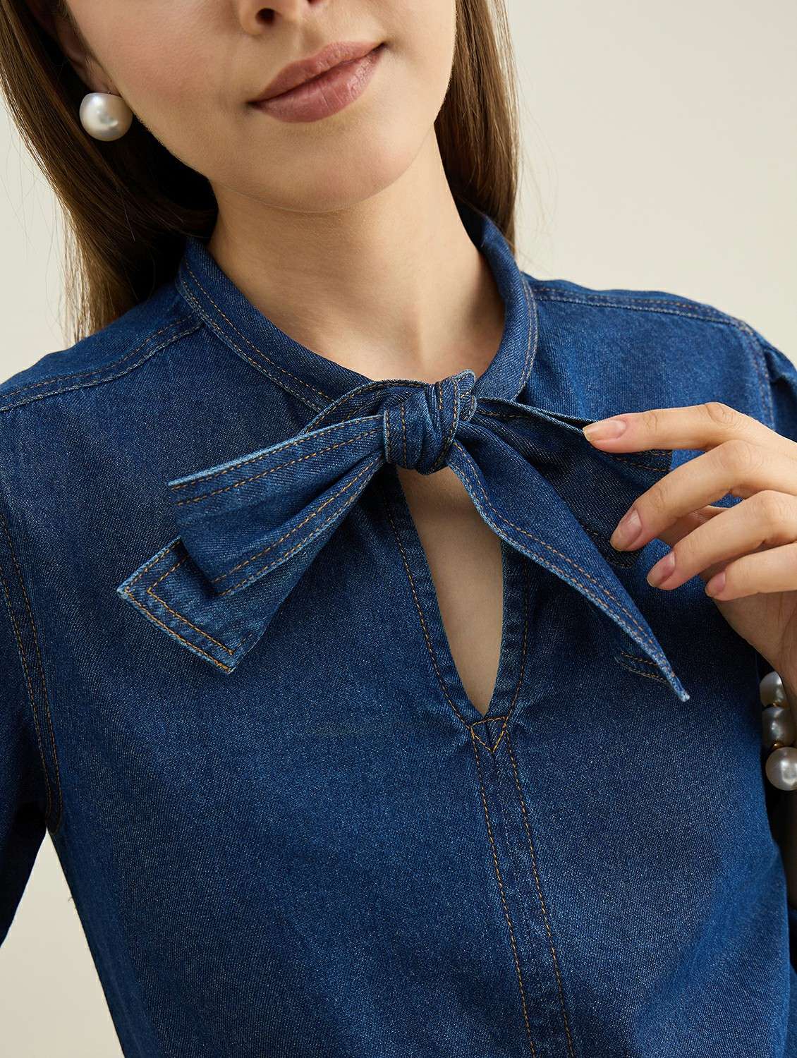 women solid puff sleeve denim top - 22401957 -  Standard Image - 1