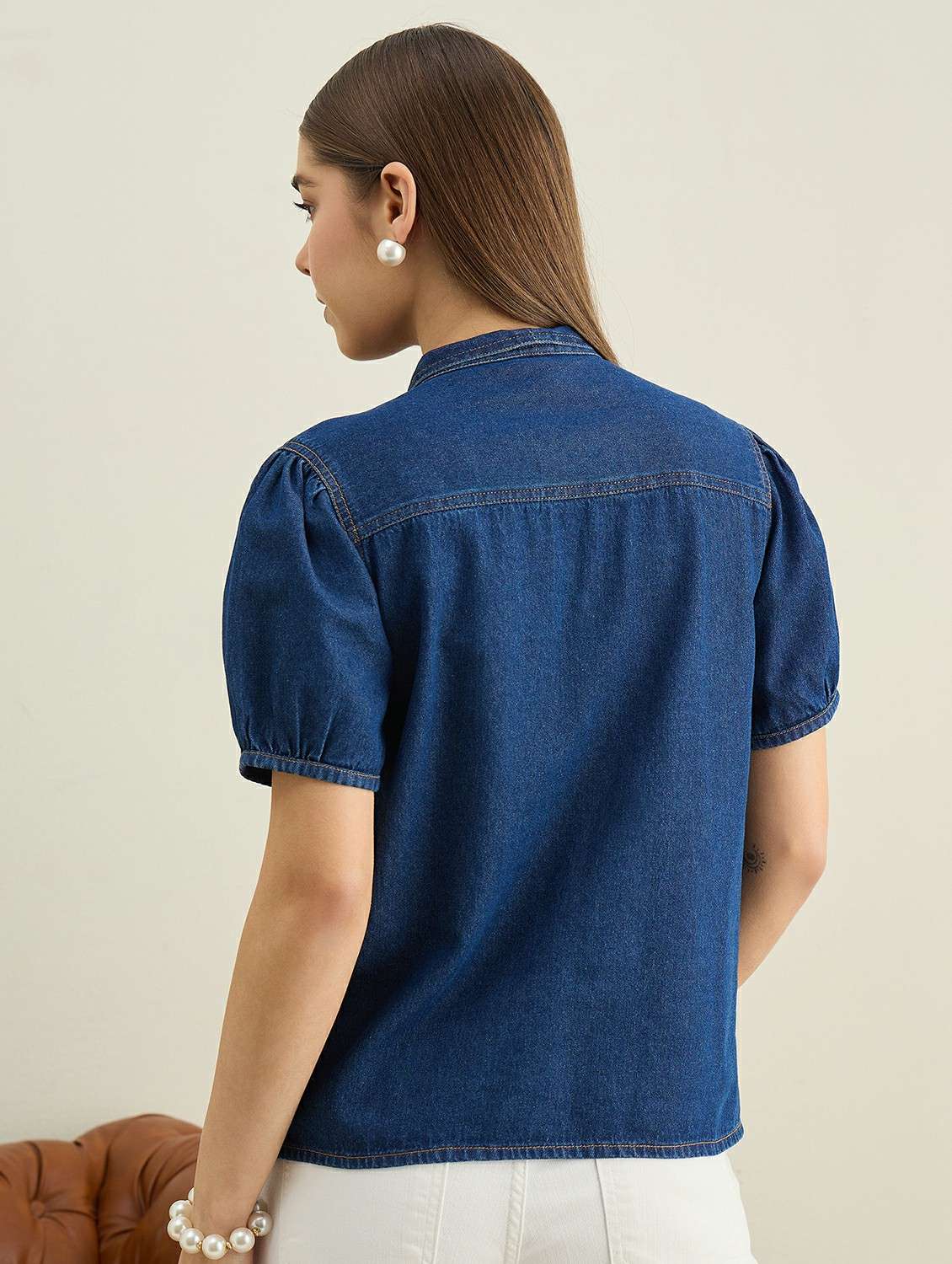 women solid puff sleeve denim top - 22401957 -  Standard Image - 4