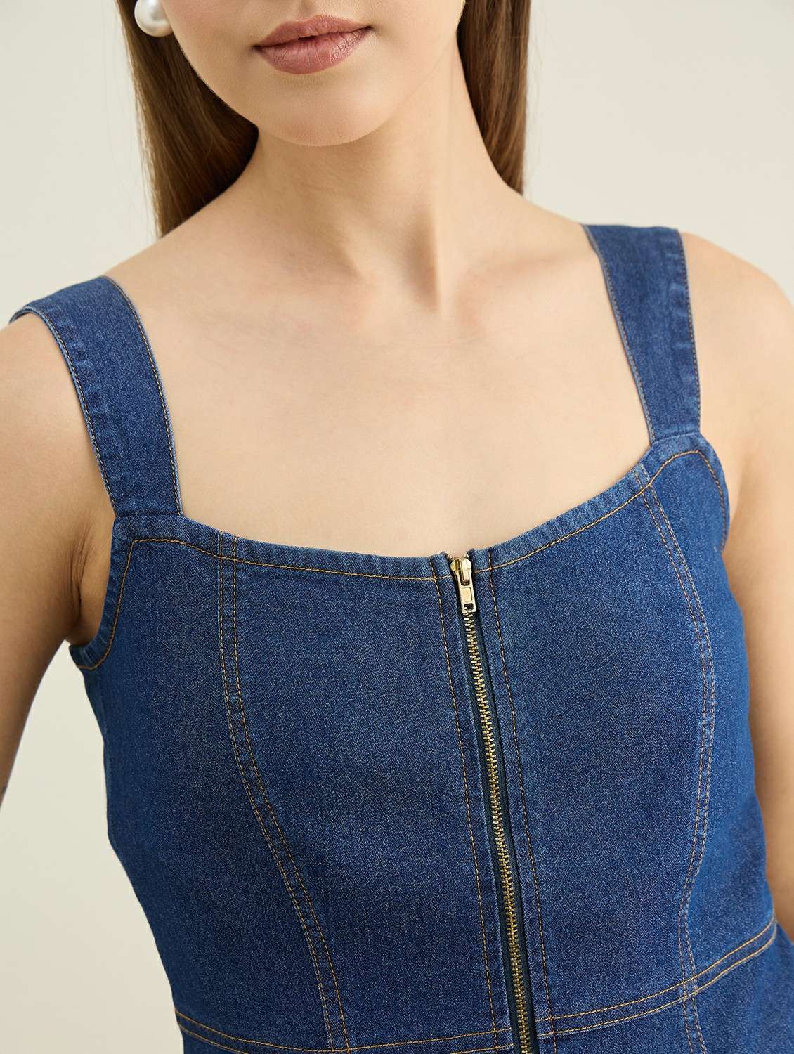 women solid sleevless denim straight top - 22401958 -  Standard Image - 1
