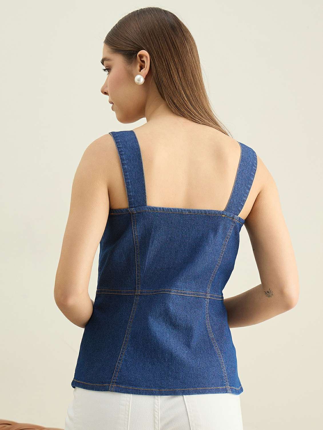 women solid sleevless denim straight top - 22401958 -  Standard Image - 4