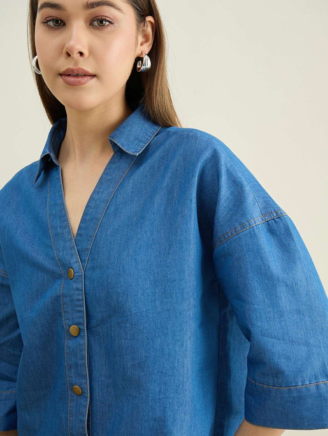women solid puff sleeve denim boxy shirt - 22401959 -  Standard Image - 1