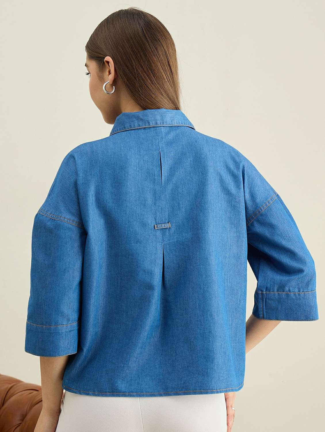 women solid puff sleeve denim boxy shirt - 22401959 -  Standard Image - 4