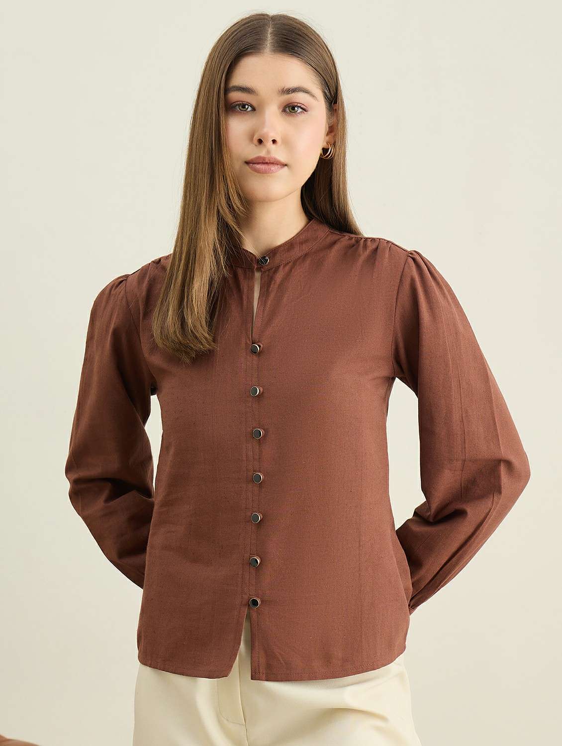 women solid puff sleeve shirt top