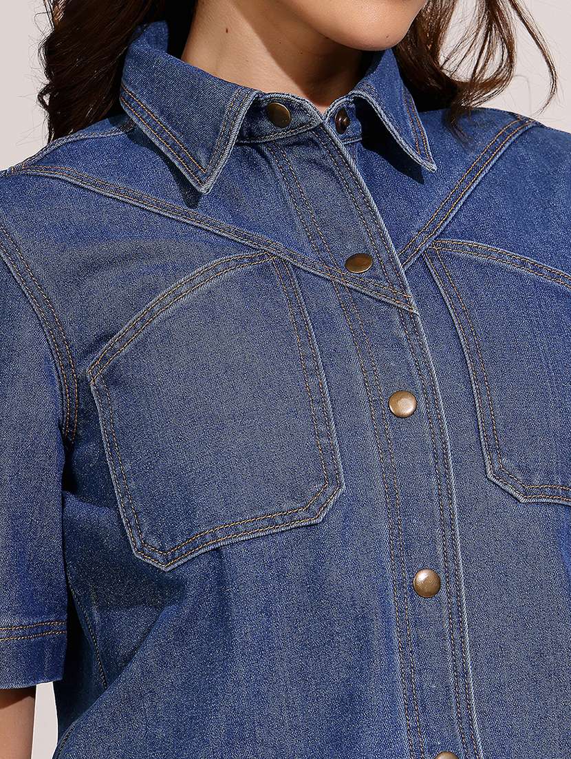 women solid collared short sleeve denim shirt - 22401990 -  Standard Image - 1