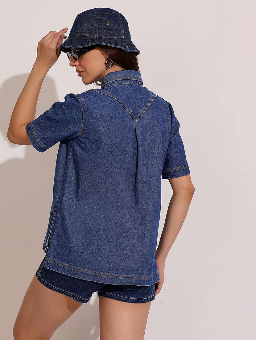 women solid collared short sleeve denim shirt - 22401990 -  Standard Image - 4