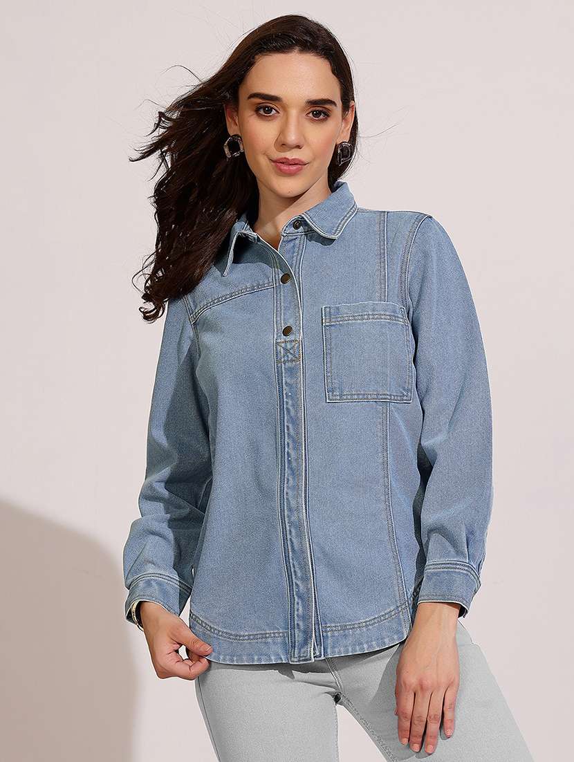 women solid long sleeve denim shirt - 22401991 -  Standard Image - 1