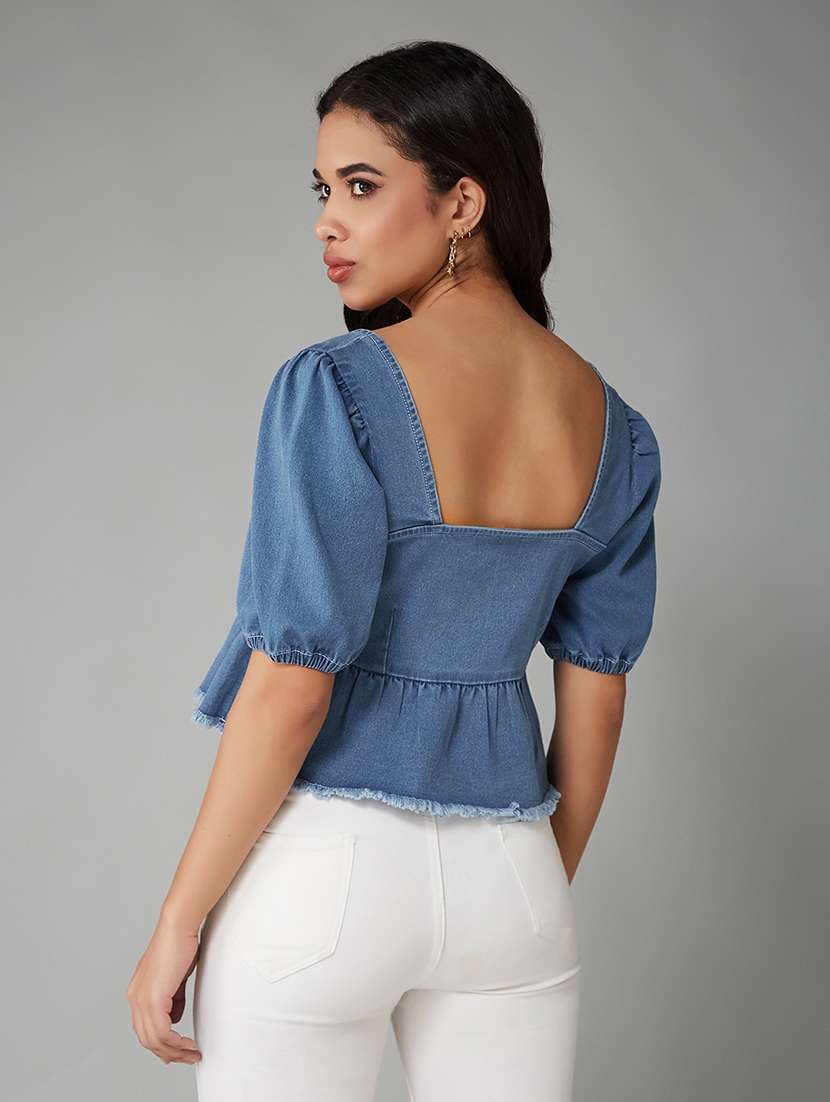 women solid puff sleeve denim peplum top - 22401996 -  Standard Image - 4