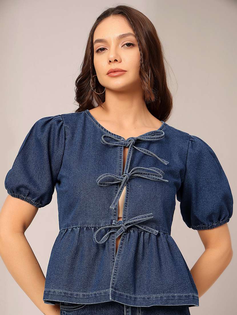 women solid puff sleeve front tie up denim peplum top - 22401997 -  Standard Image - 1