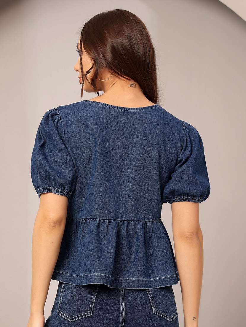 women solid puff sleeve front tie up denim peplum top - 22401997 -  Standard Image - 4