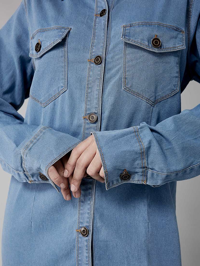 women solid collared long sleeve long denim jacket - 22402000 -  Standard Image - 1