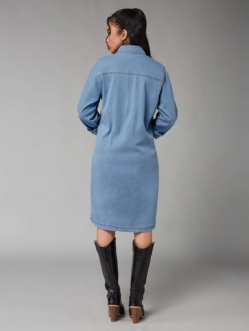 women solid collared long sleeve long denim jacket - 22402000 -  Standard Image - 4