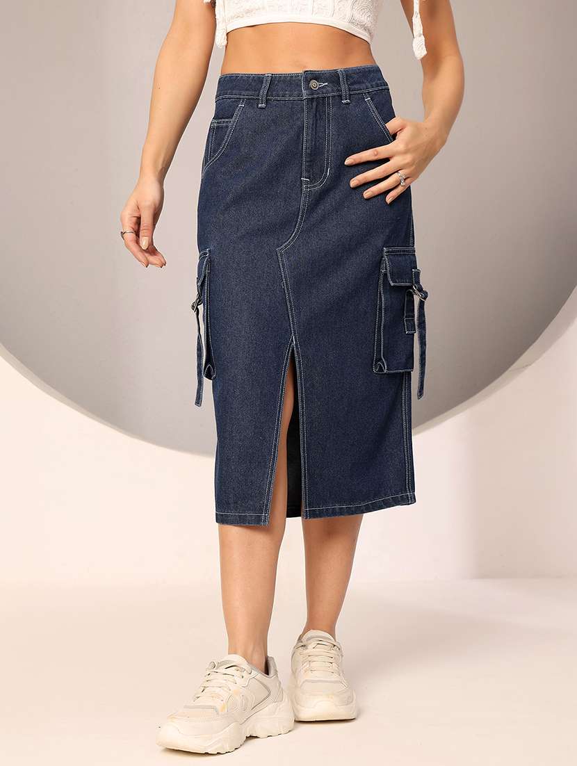 women solid high rise cargo denim skirt