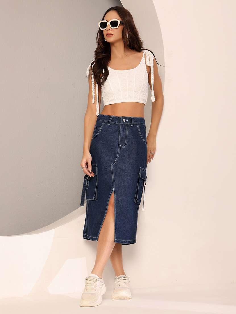 women solid high rise cargo denim skirt - 22402003 -  Standard Image - 4