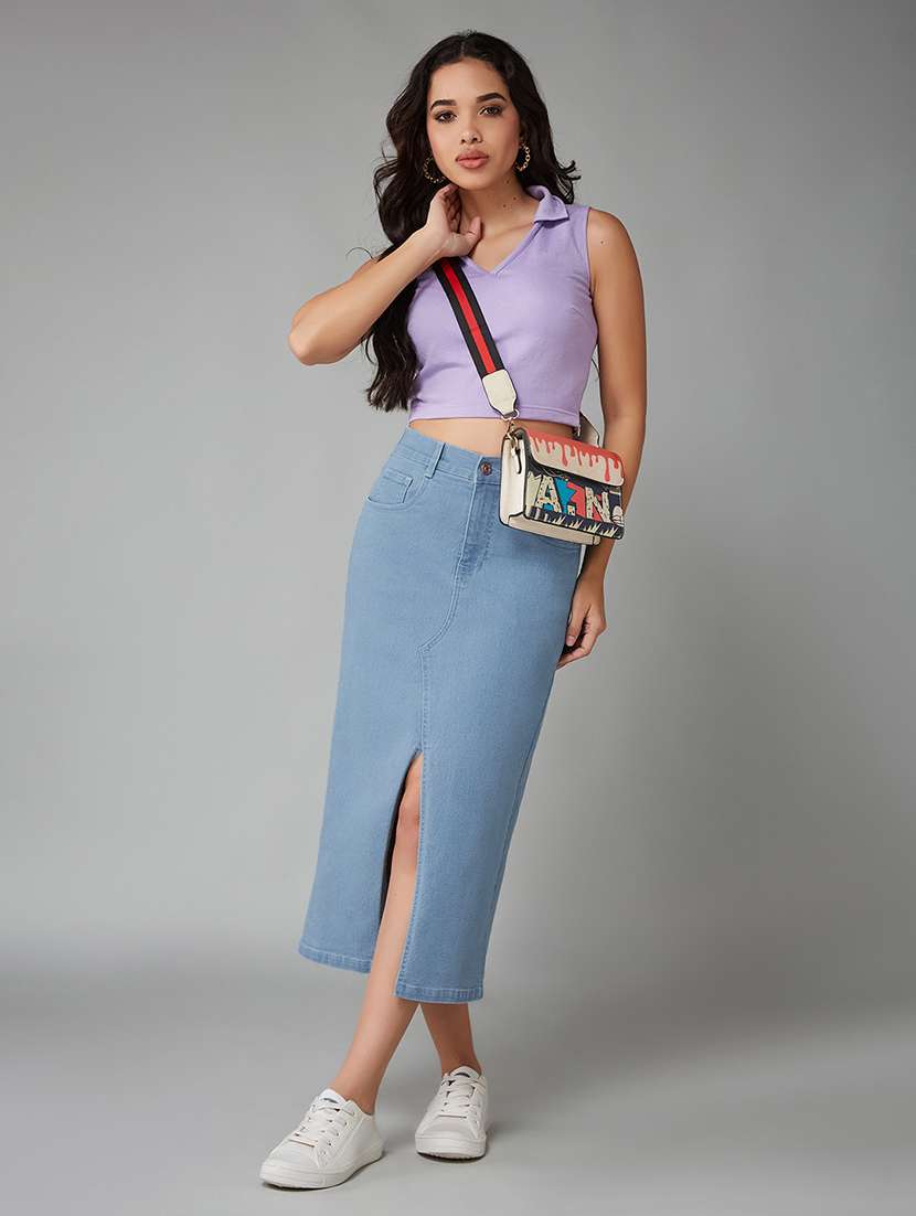 women solid high rise denim straight skirt - 22402007 -  Standard Image - 4