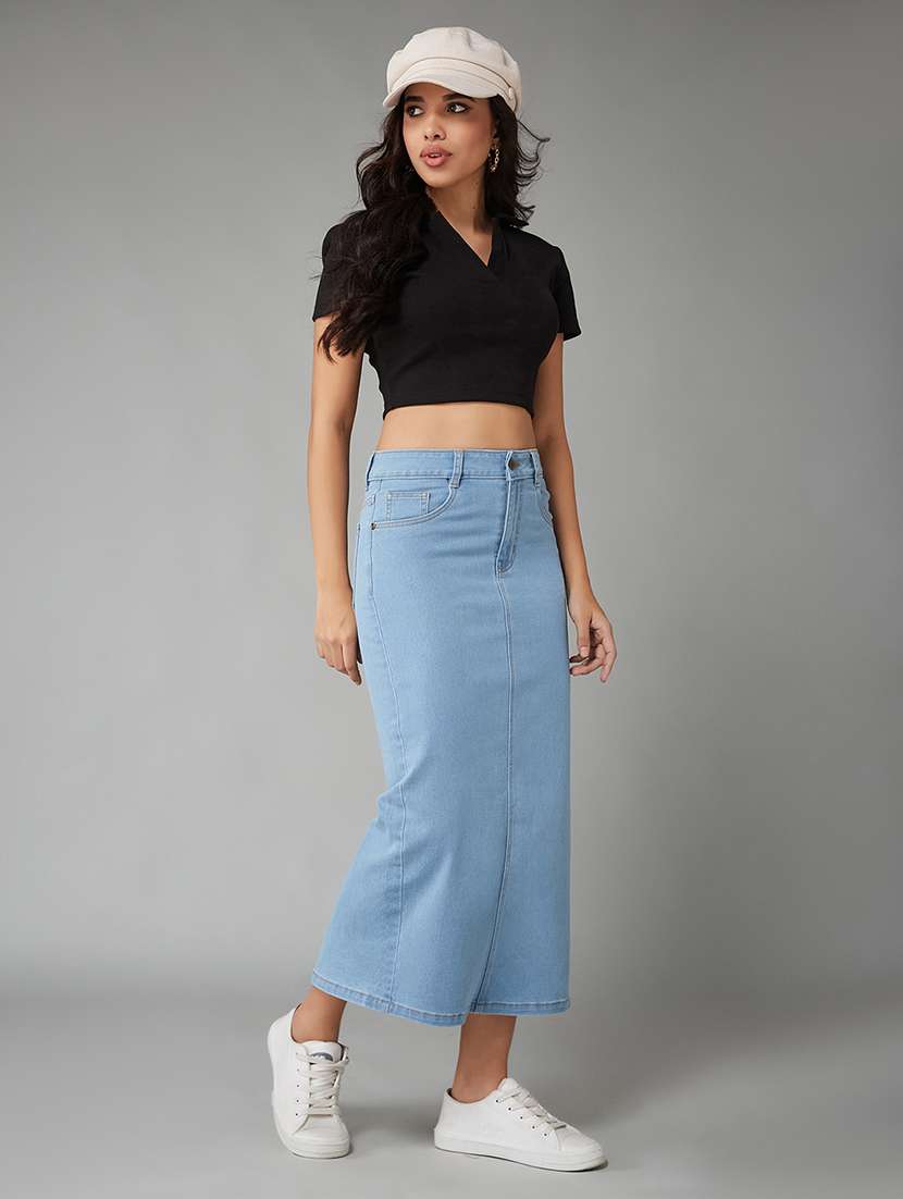 women solid high rise denim straight skirt - 22402008 -  Standard Image - 4