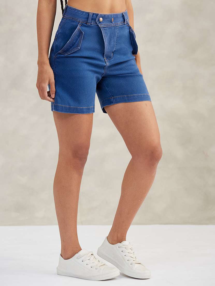 women solid high rise denim shorts - 22402010 -  Standard Image - 1