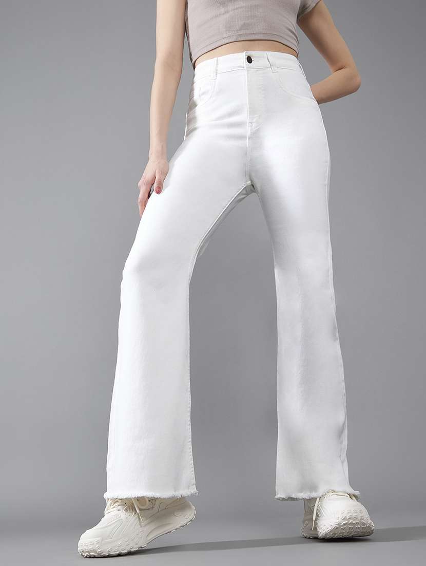 women solid high rise bootcut jeans
