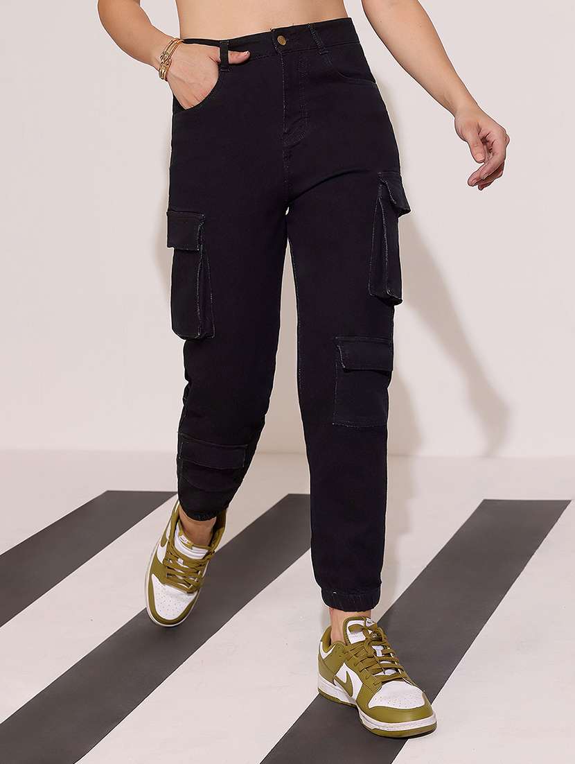 women solid high rise cargo jogger - 22402020 -  Standard Image - 1