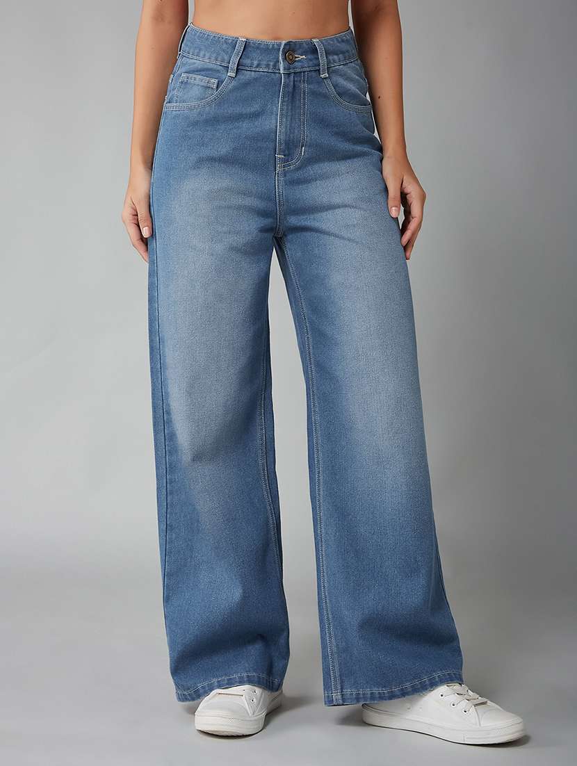 women solid high rise wide leg jeans