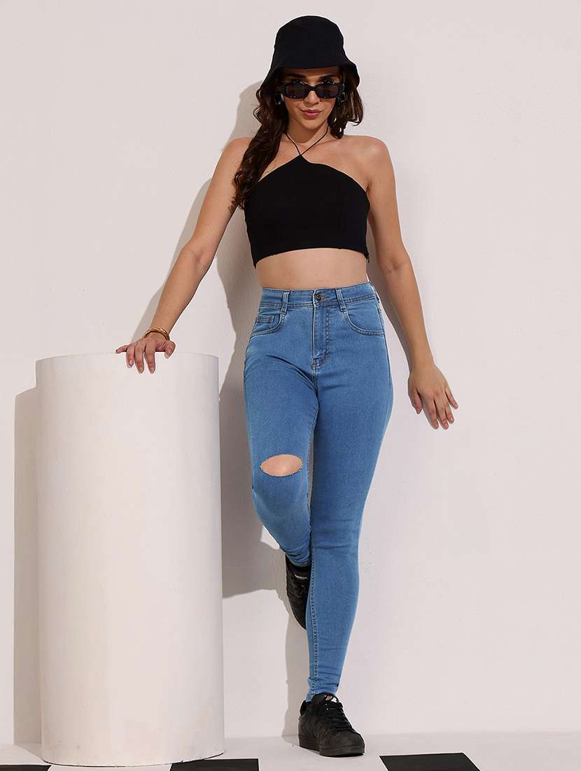 women slash knee high rise skinny jeans - 22402023 -  Standard Image - 4