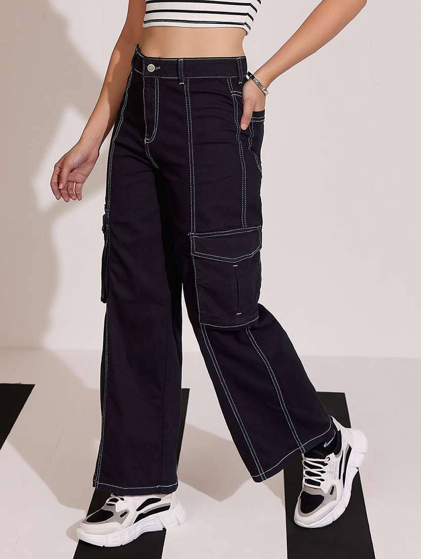 women solid high rise denim cargo - 22402026 -  Standard Image - 1