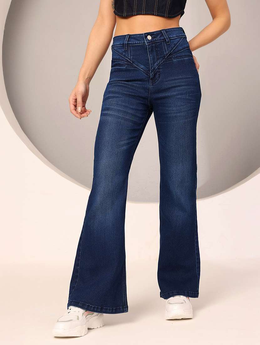 women solid high rise bootcut jeans