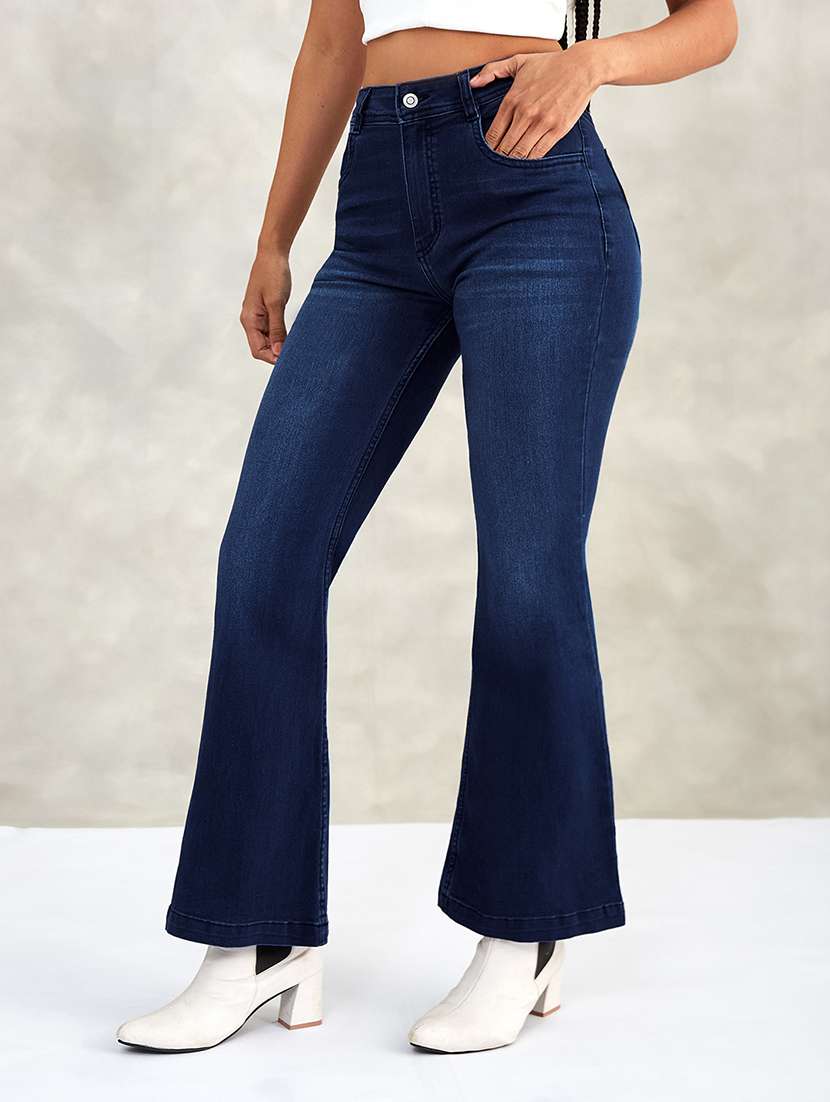 women solid high rise bootcut jeans