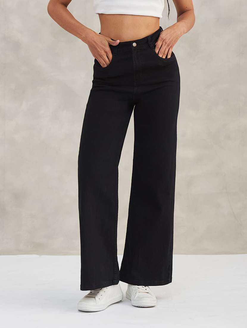 women solid high rise wide leg jeans