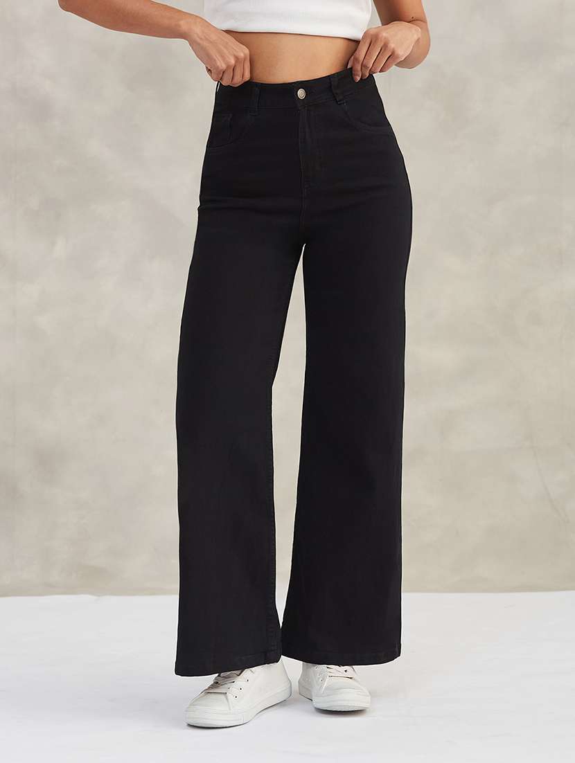 women solid high rise wide leg jeans