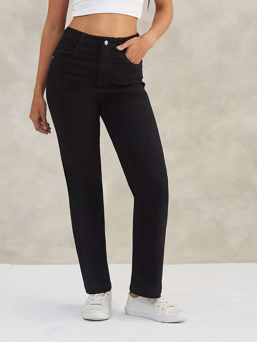 women solid high rise straight jeans