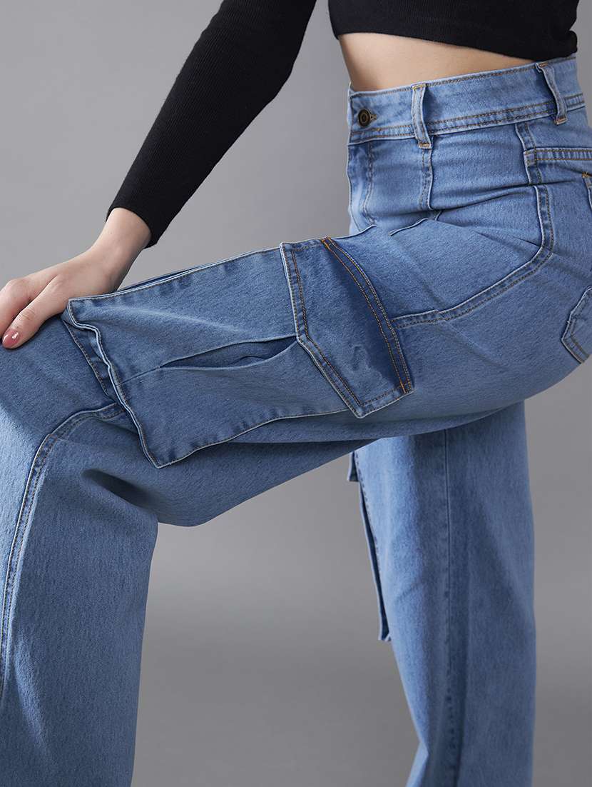 women solid high rise denim cargo - 22402266 -  Standard Image - 1