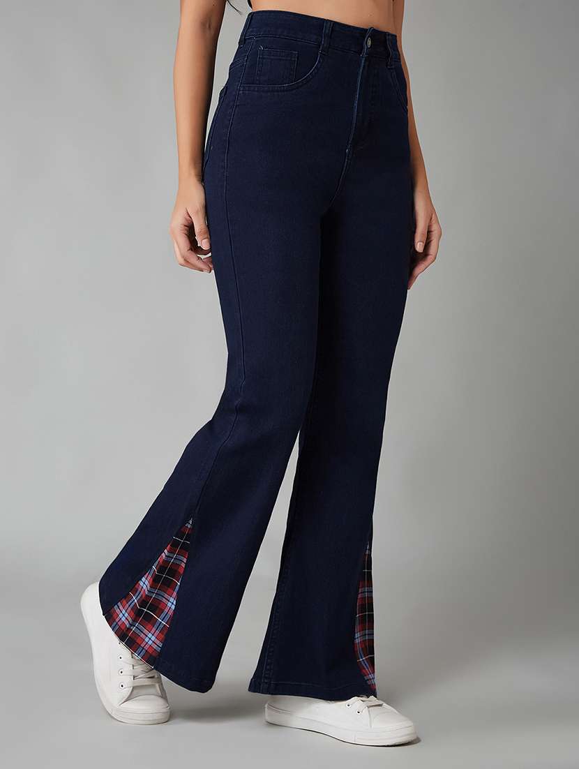 women patched high rise bootcut jeans