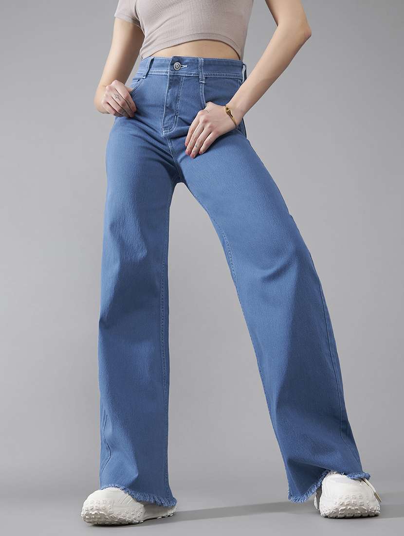 women solid high rise wide leg jeans