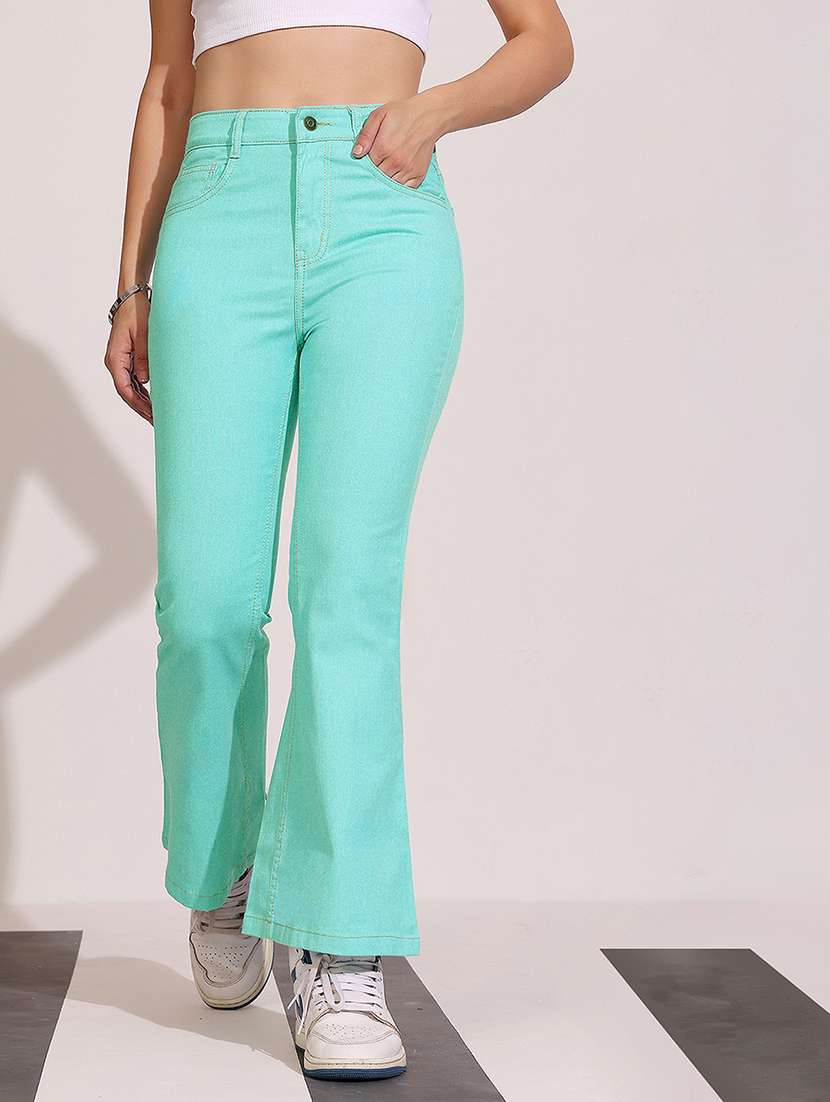 women solid high rise bootcut jeans