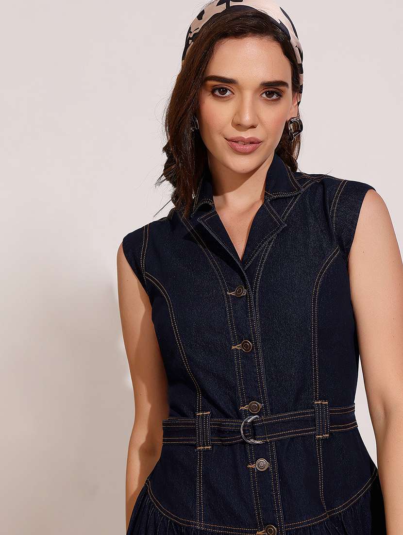 women solid sleeveless denim a-line dress - 22402380 -  Standard Image - 1