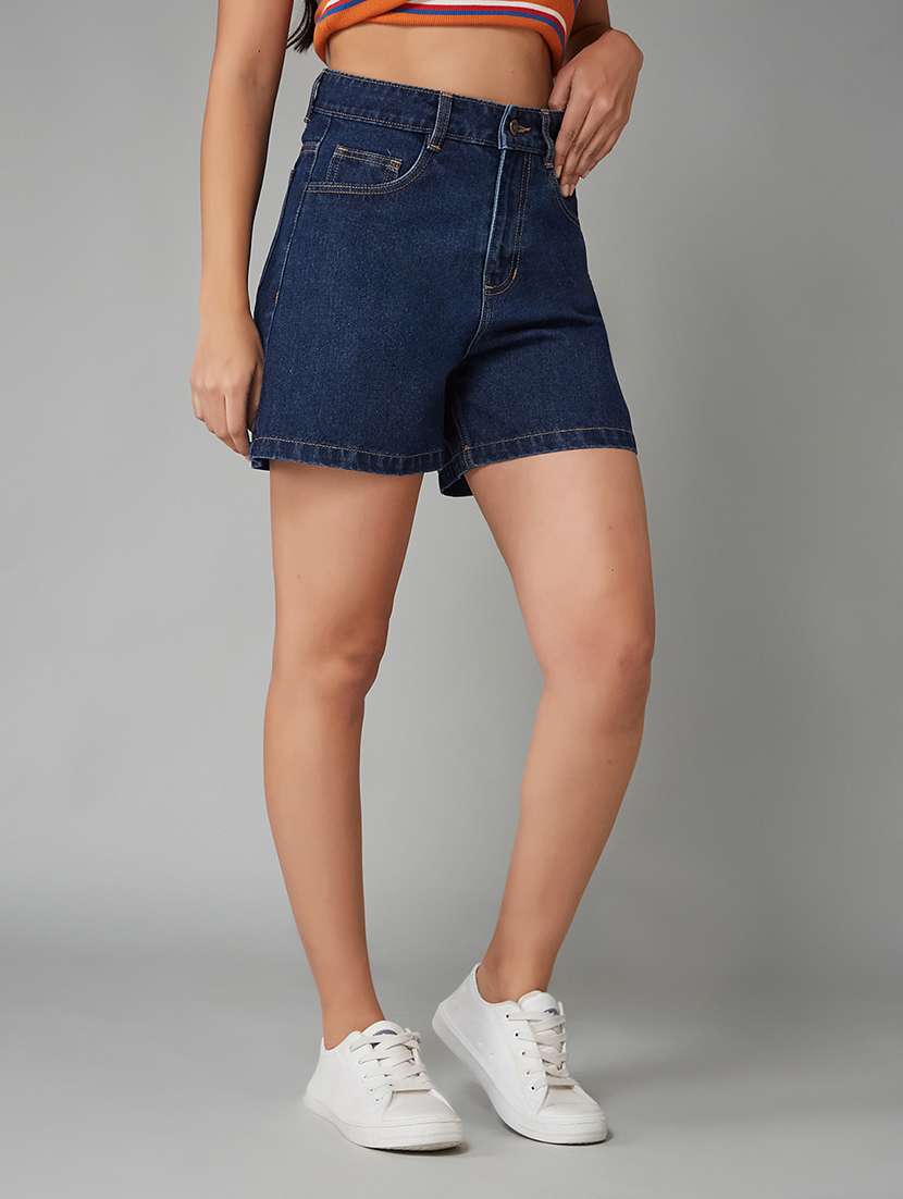 women solid high rise denim shorts
